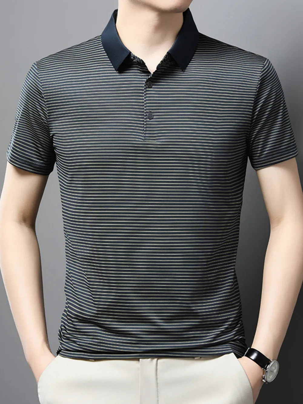 Men's Plus Size Classic Striped Business Casual Polo Shirt, image 2