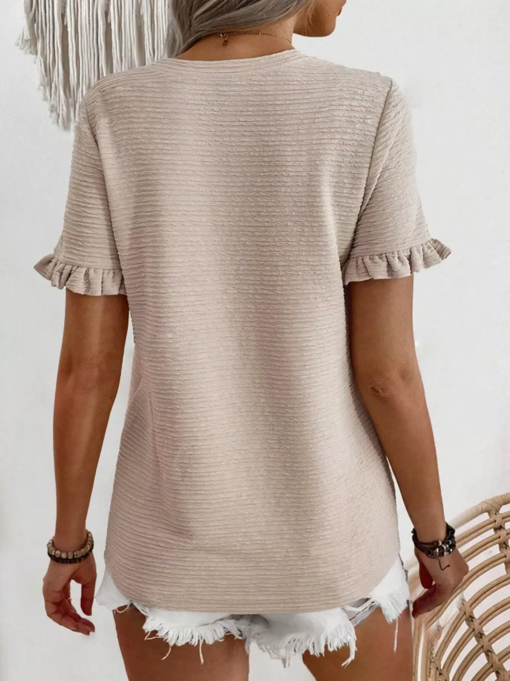 Textured Ruffle Sleeve Round Neck T-Shirt, image 21