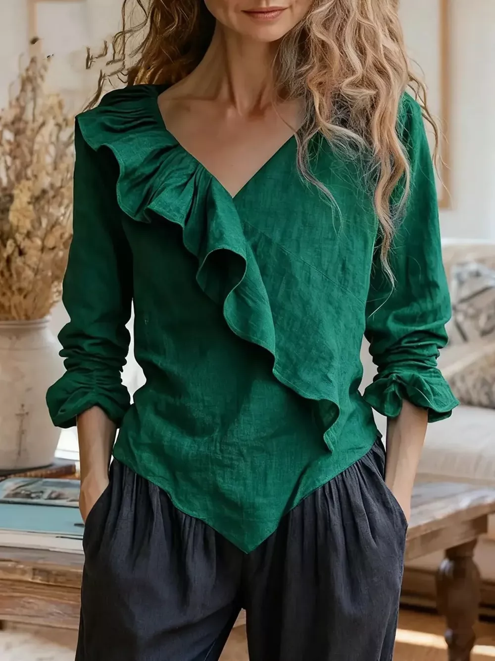 V-Neck Ruffled Long Sleeve Blouse, image 3