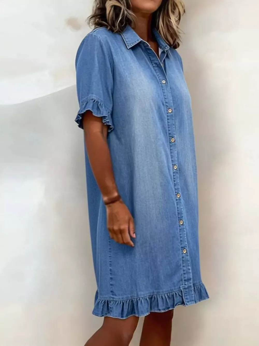 Full Size Ruffled Hem Denim Shirt Dress Plus Size, image 3