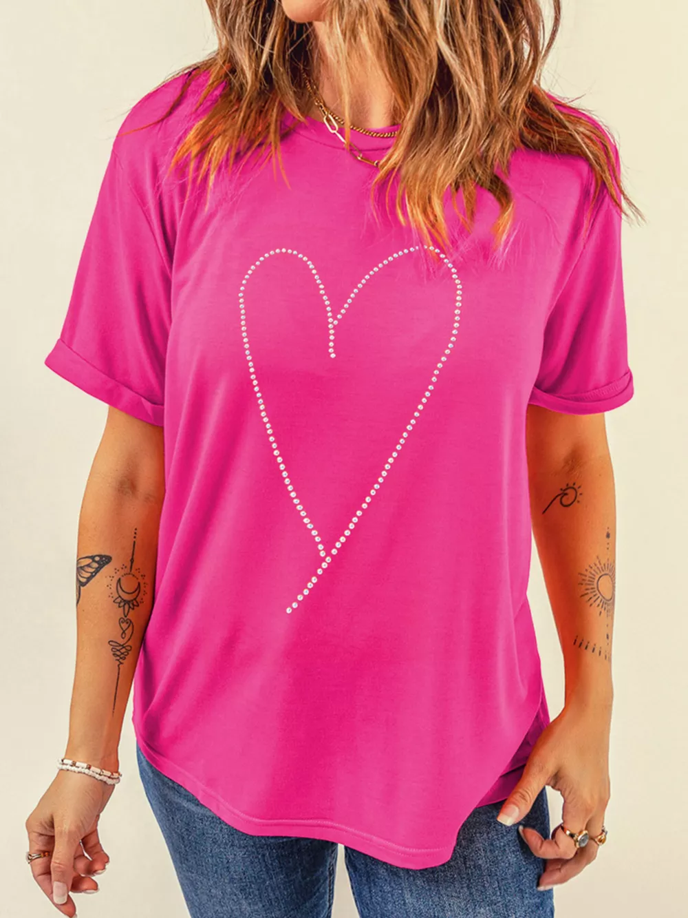 Rhinestone Heart Graphic Crew Neck Valentines Tee, image 4