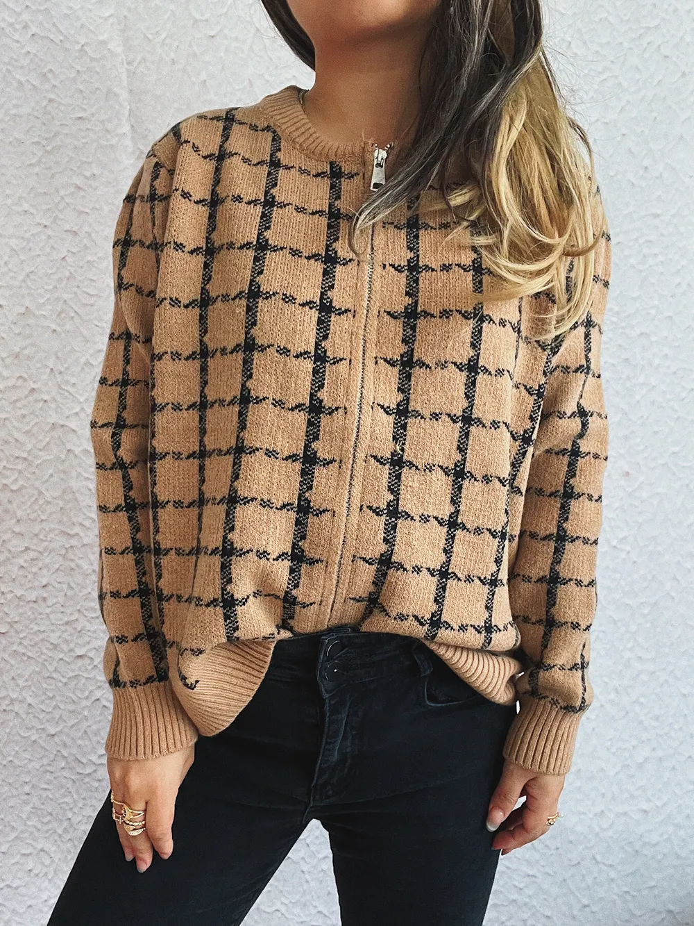Plaid Pattern Zip Up Cardigan, image 2