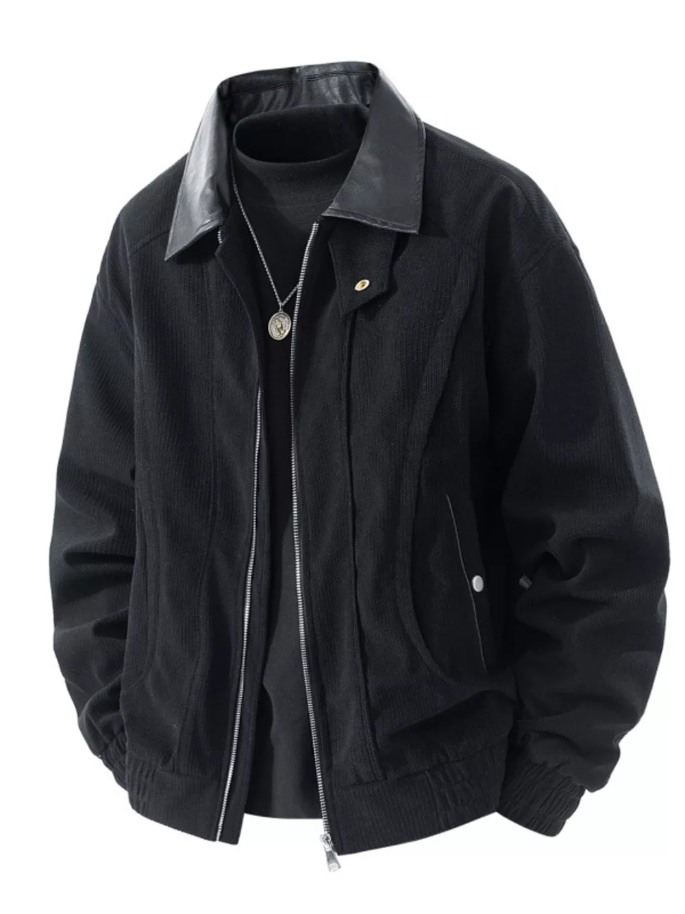 Men's Plus Size Zip Up Corduroy Jacket with Leather Collar