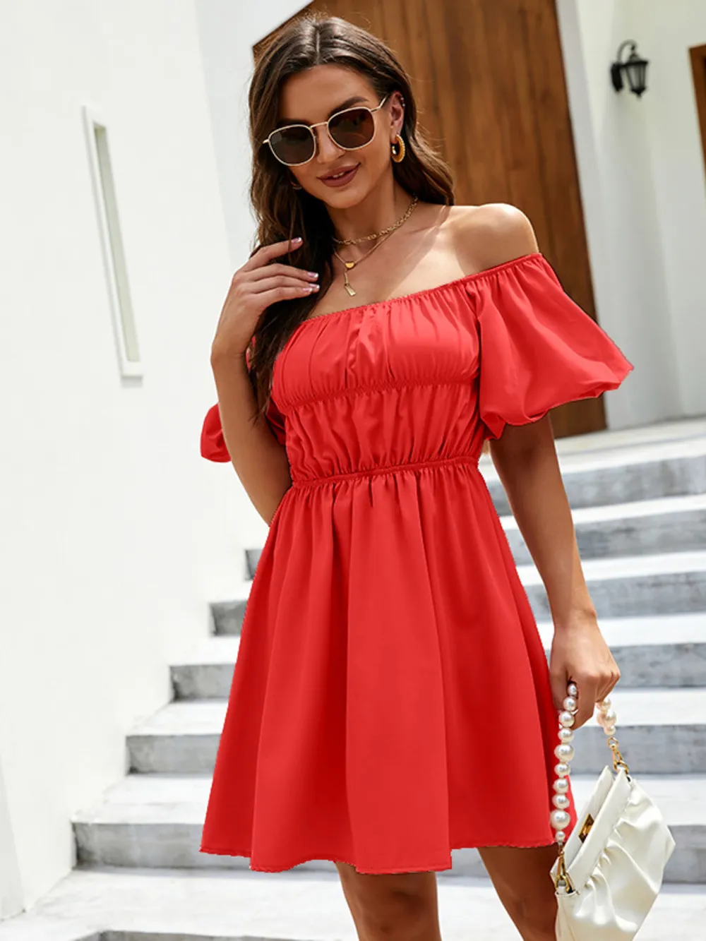 Off-Shoulder Puff Sleeve Mini Dress, image 5