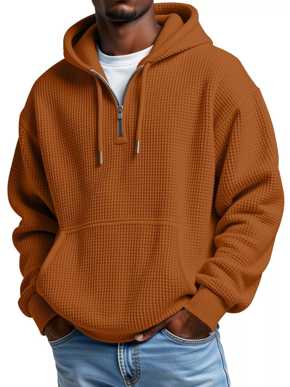 Men's Full Size Textured Waffle Knit Half-Zip Hoodie Plus Size, image 11
