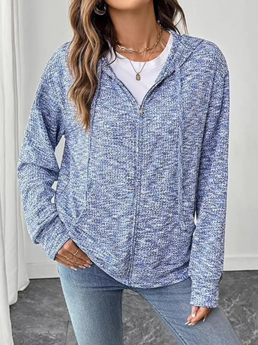 Zip-Up Drawstring Hooded Cardigan