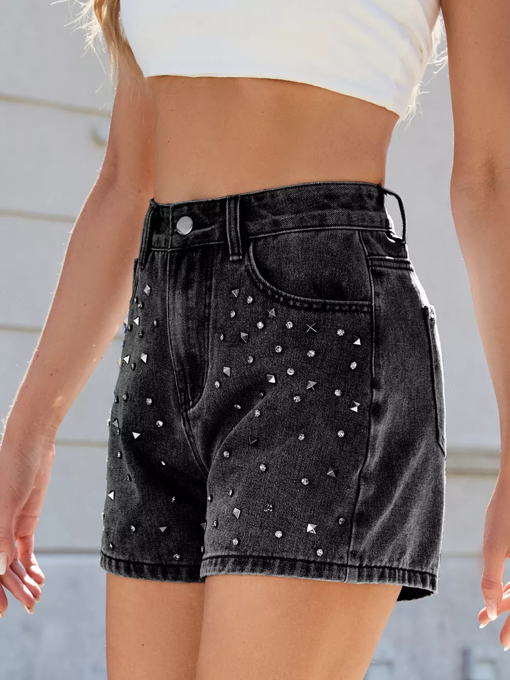 Studded High Waist Denim Shorts, image 6