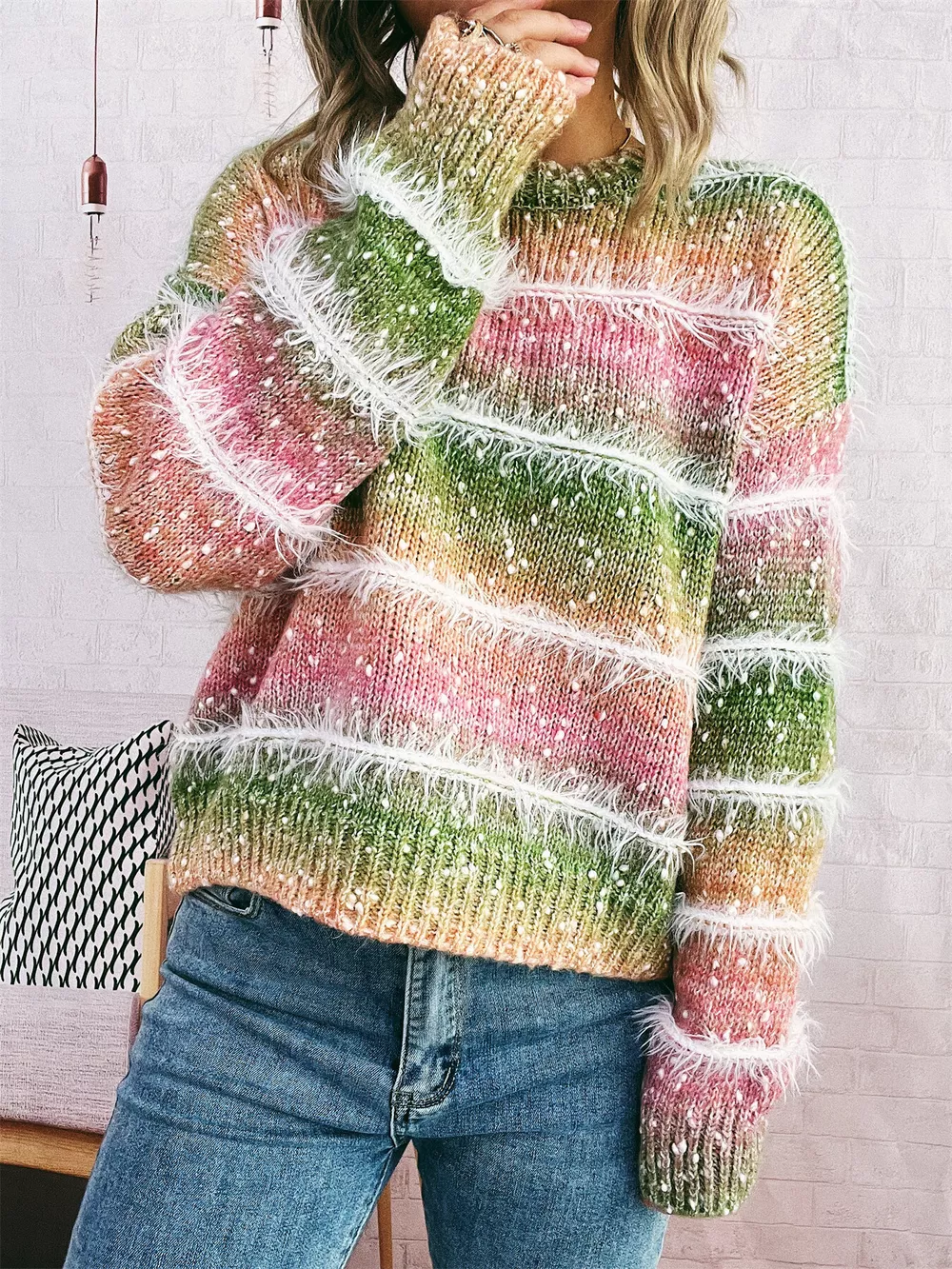 Gradient Striped Round Neck Sweater, image 9