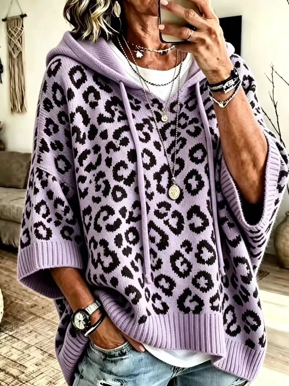 Drawstring Leopard Hooded Sweater, image 16