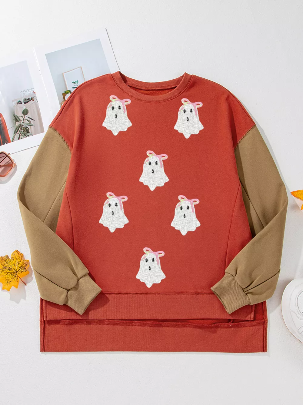 Halloween Glitter Ghost Patched Pattern Color Block Sweatshirt, image 6