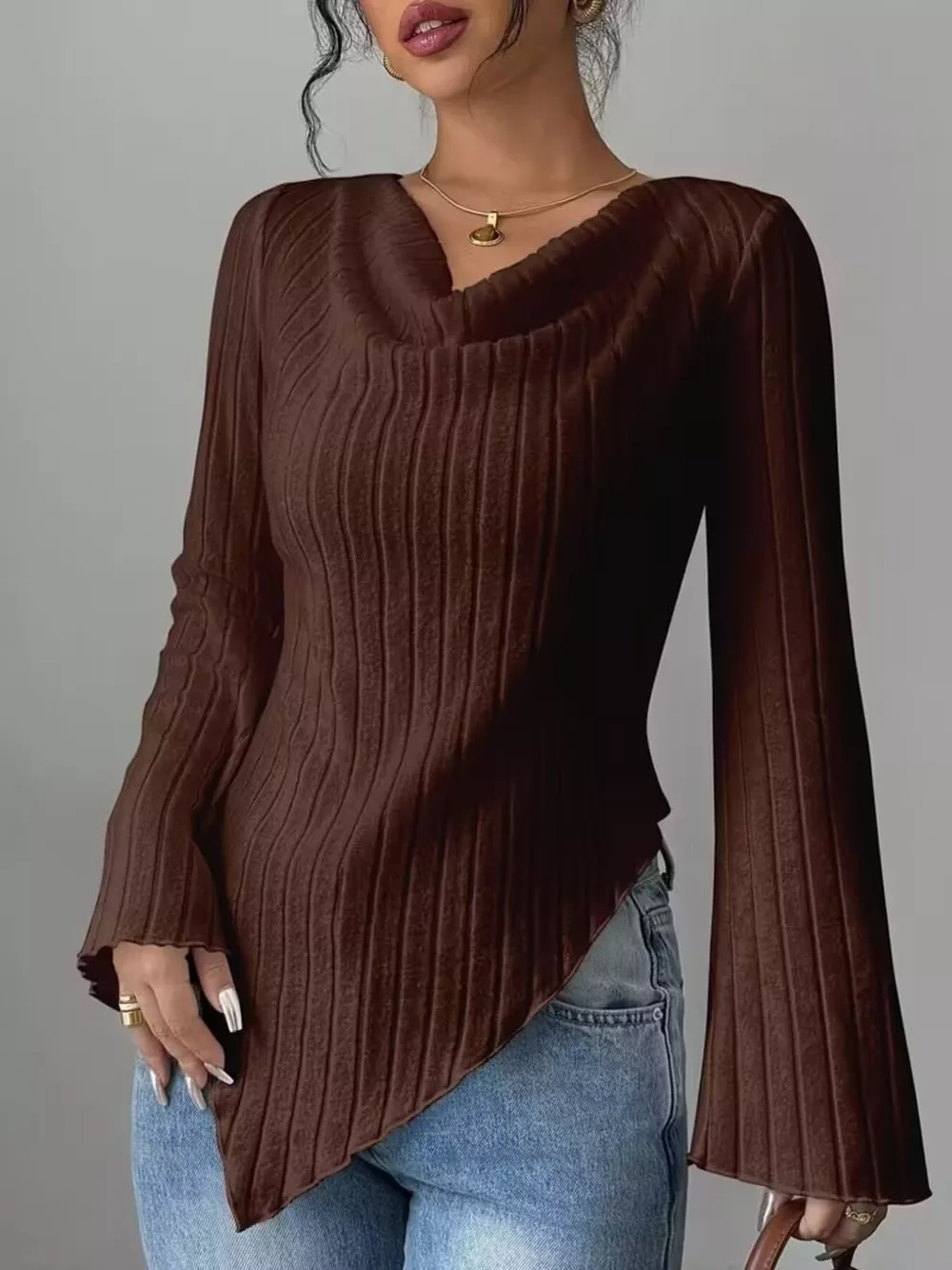 Cowl Neck Ribbed Knit T-Shirt, image 10