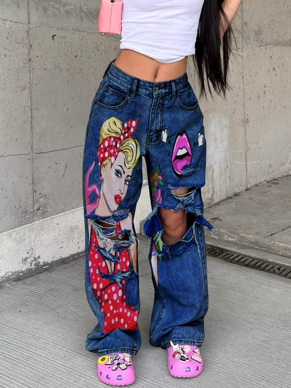 Full Size Art Print Distressed Wide-Leg Jeans Plus Size, image 5