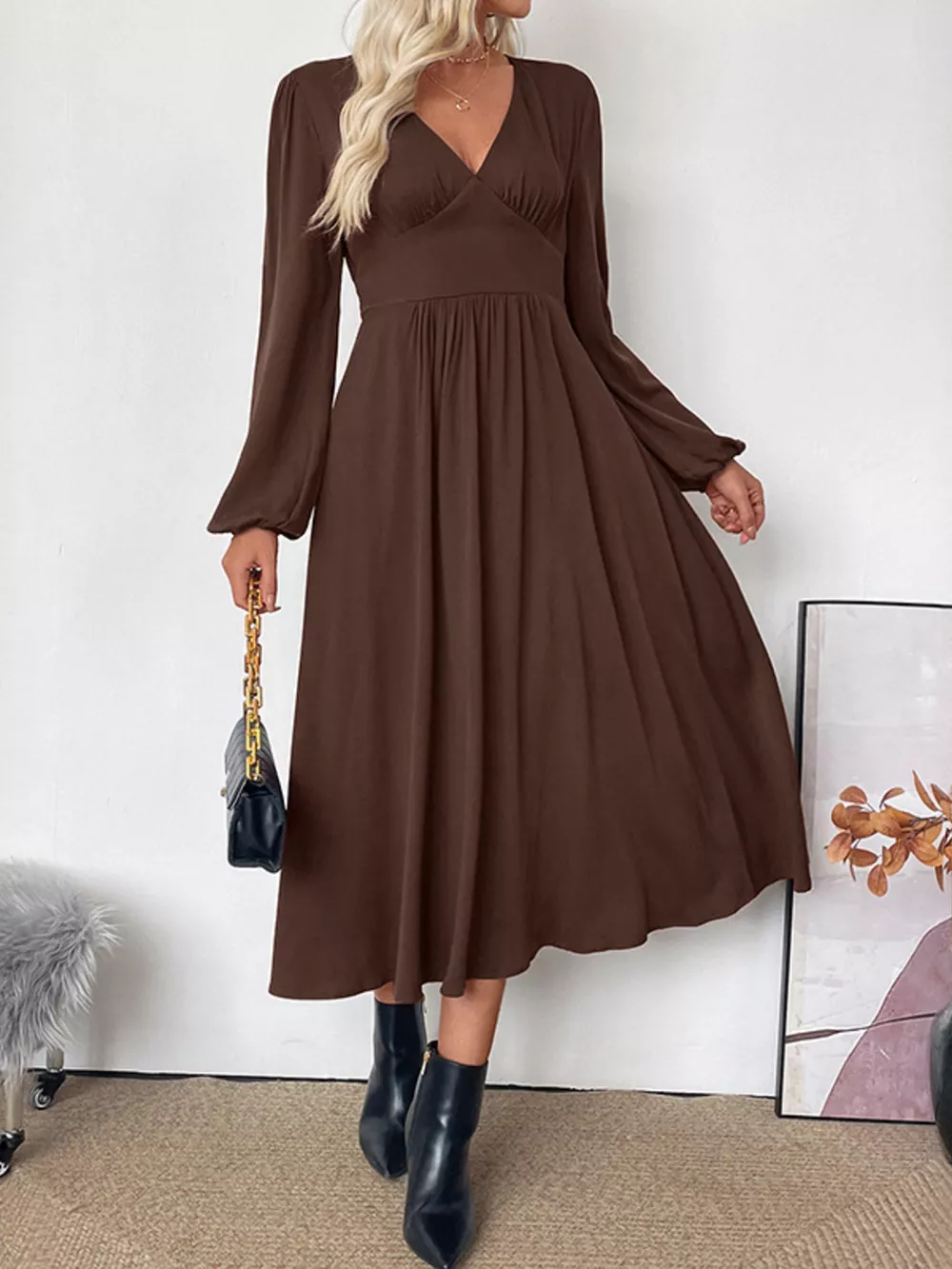 V-Neck Long Sleeve A-Line Midi Dress, image 2