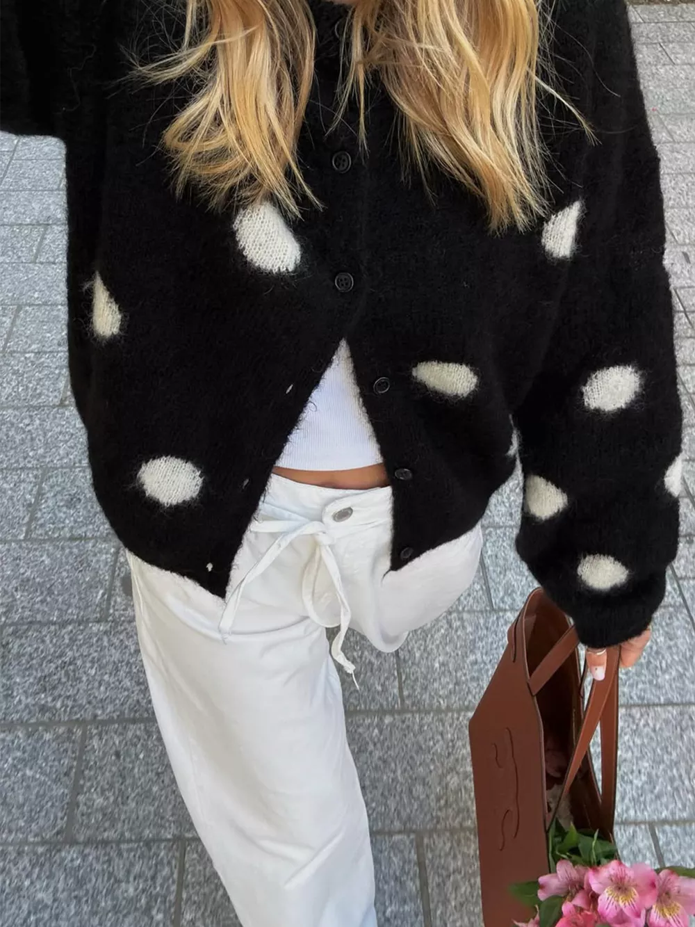 Polka Dot Fuzzy Knit Button-Up Cardigan, image 2