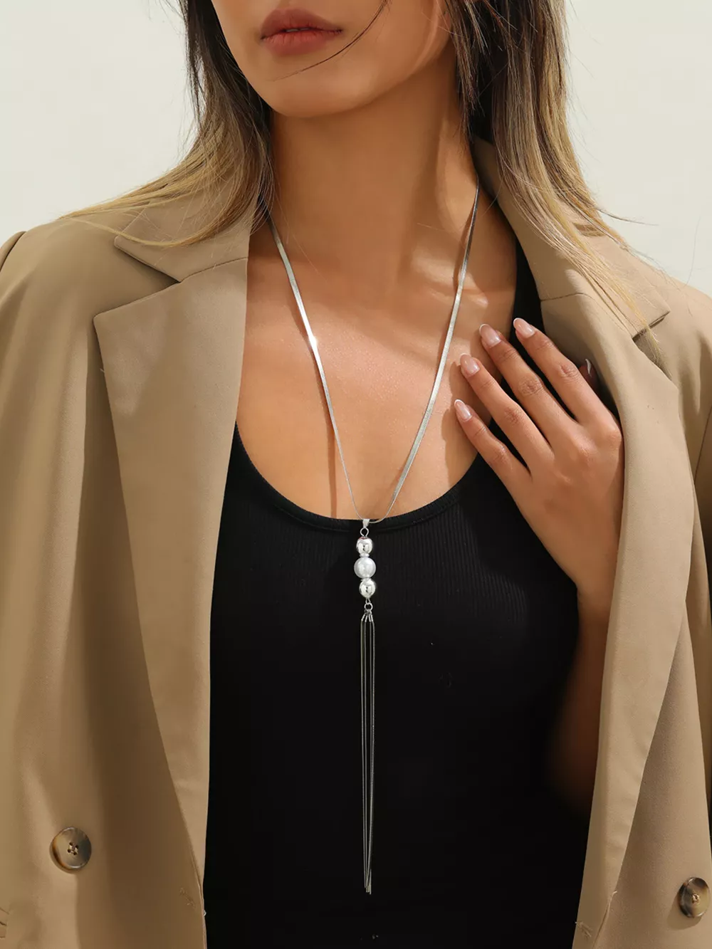 Alloy Silver-Plated Bead Tassel Necklace, image 2