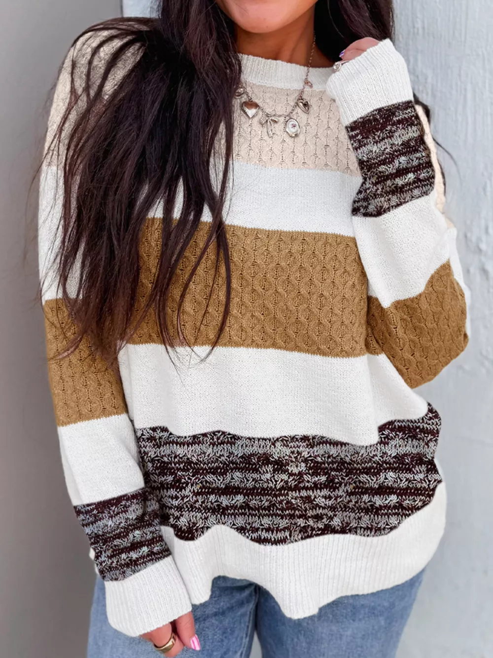 Mixed Texture Knit Striped Color Block Loose Sweater, image 10