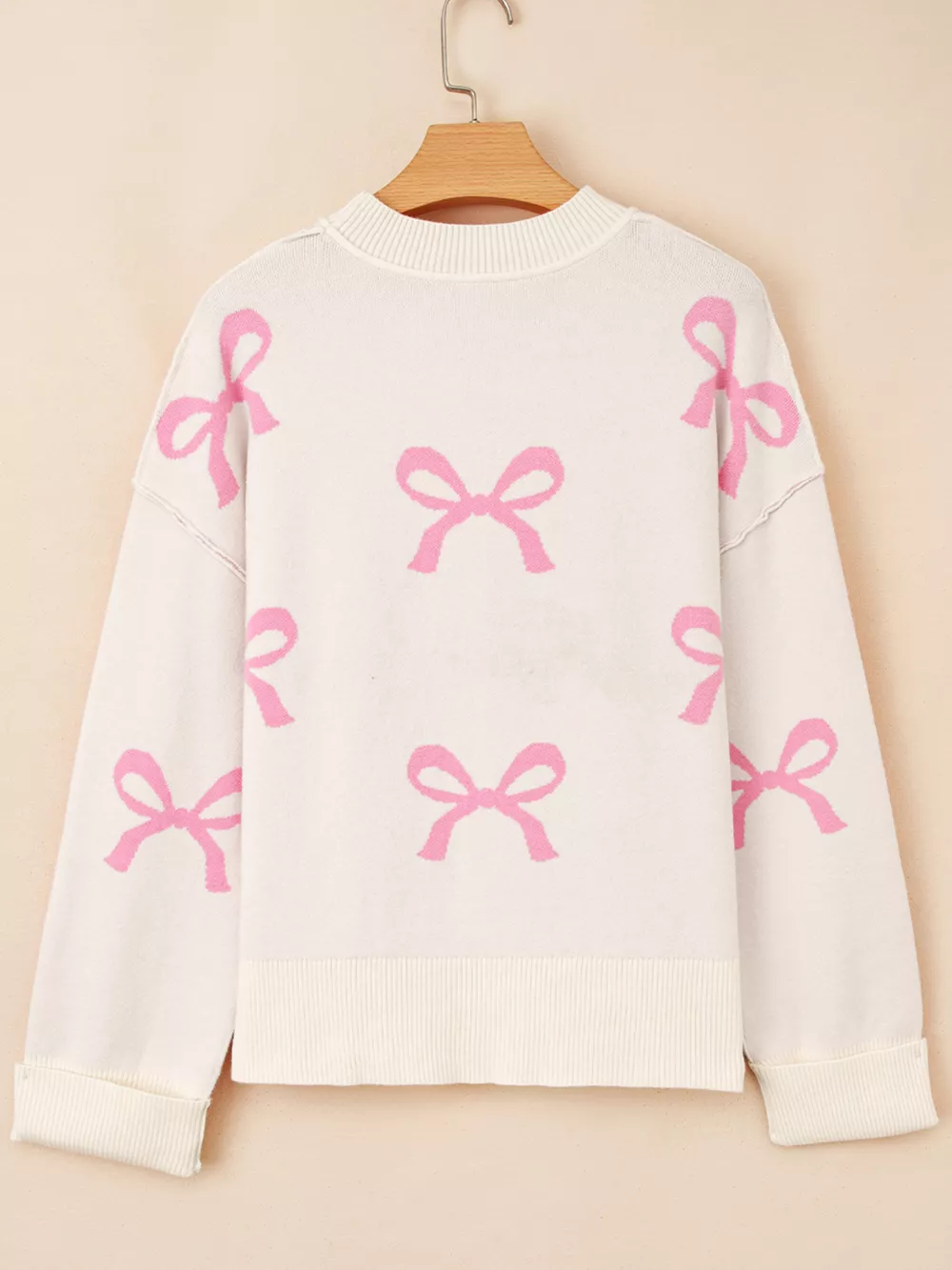 Bow Print Ribbed Trim Exposed Seam Drop Shoulder Loose Sweater, image 5