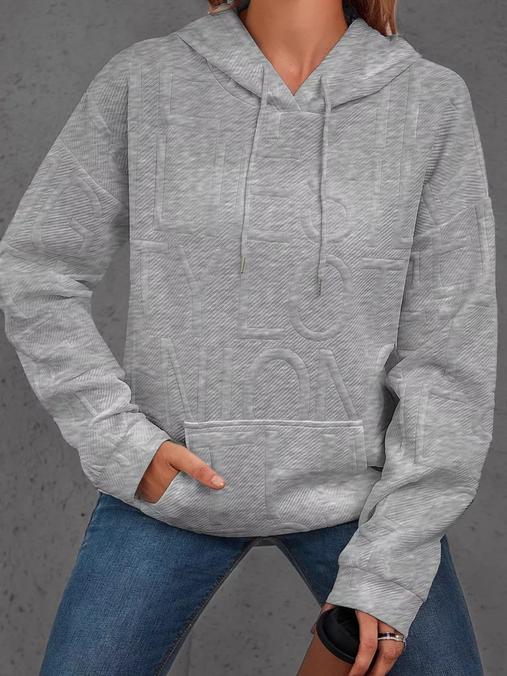 Full Size Textured Embossed Long Sleeve Hoodie Plus Size, image 8