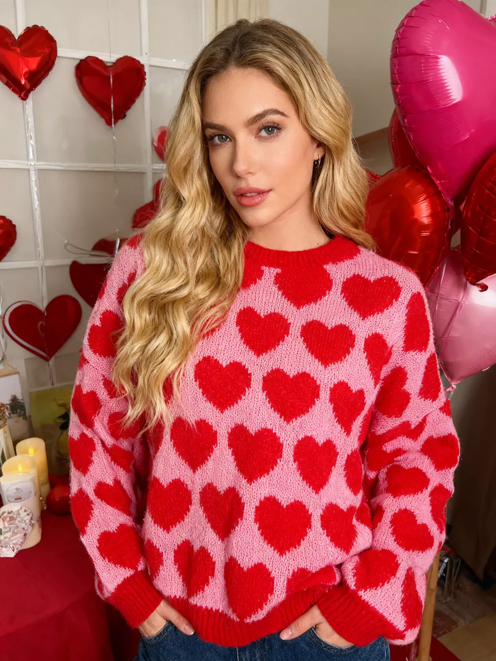Heart Pattern Dropped Shoulder Sweater, image 3