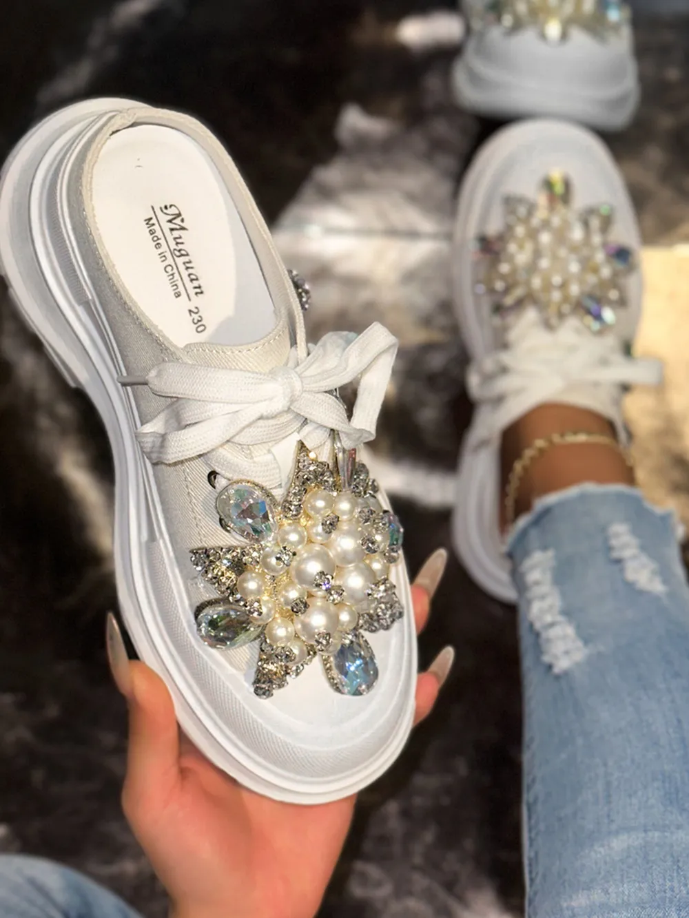 Pearl Embellished Platform Slip-Ons, image 9