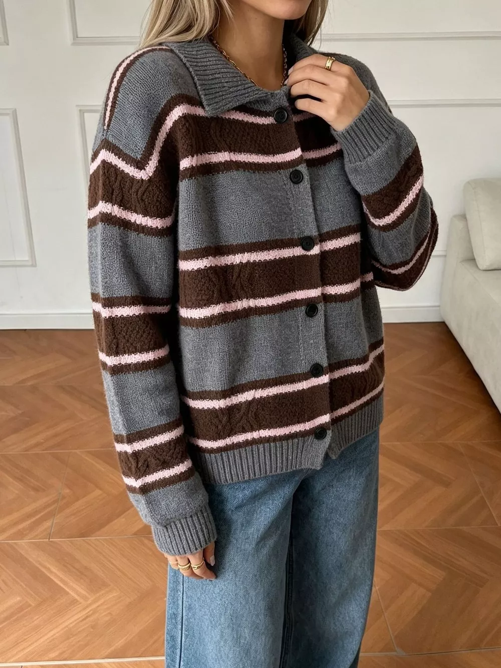 Vintage-Inspired Striped Knit Cardigan with Polo Collar, image 15