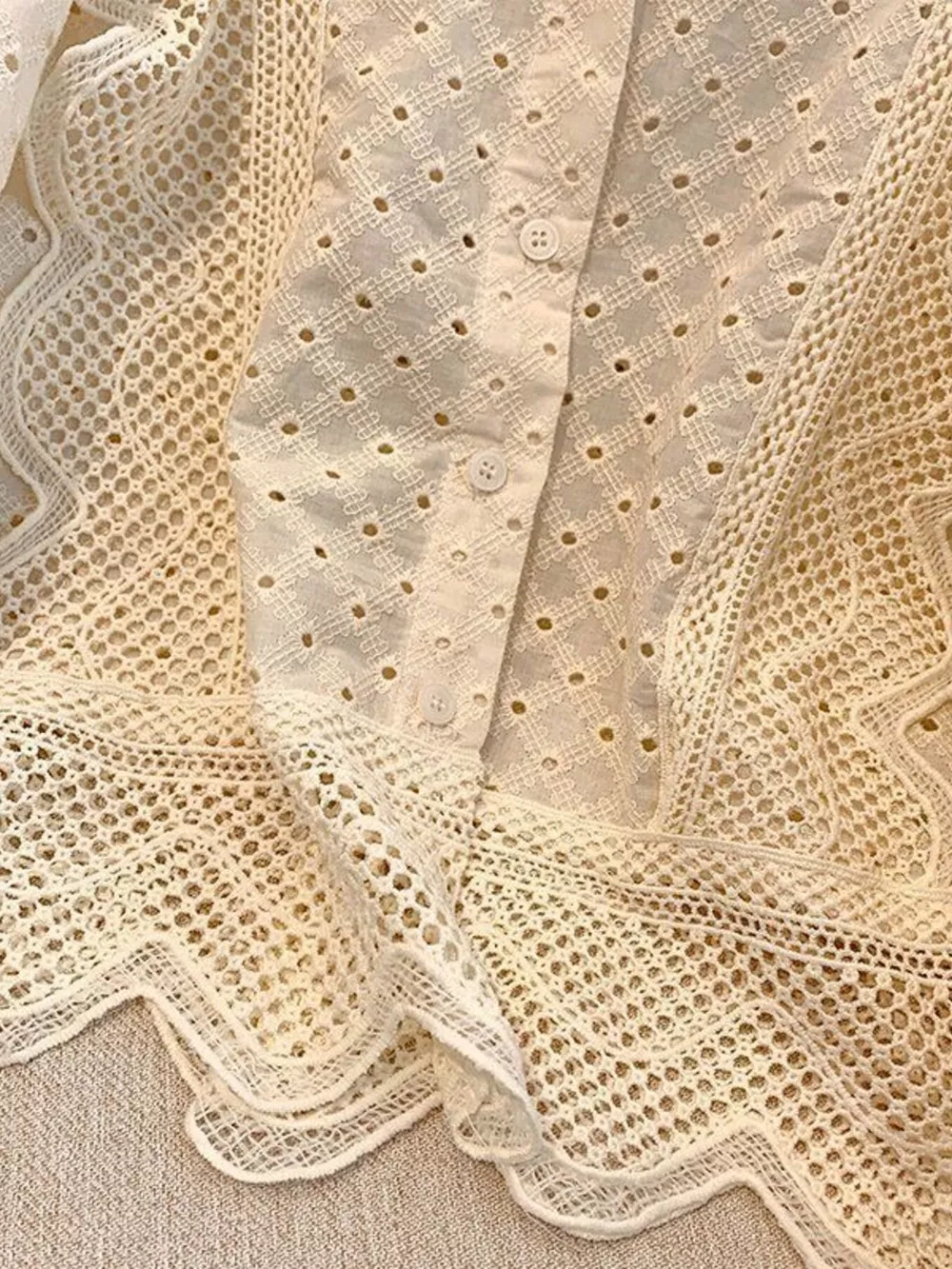 Eyelet Button-Up Shirt with Scalloped Hem, image 9