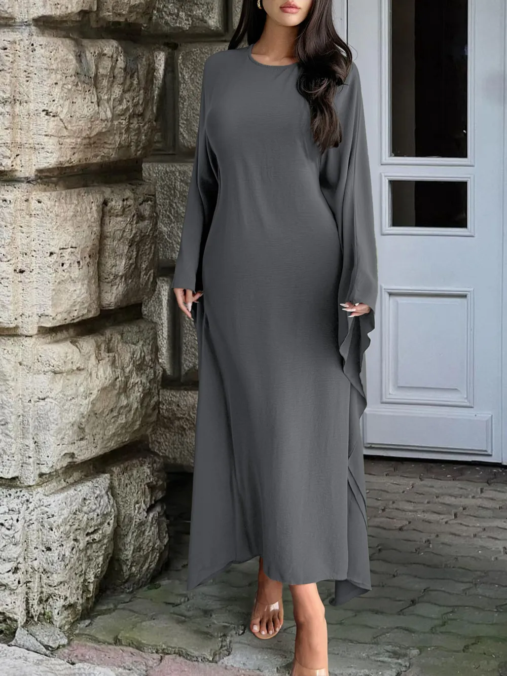 Round Neck Maxi Dress with Flowing Cape Sleeves, image 7