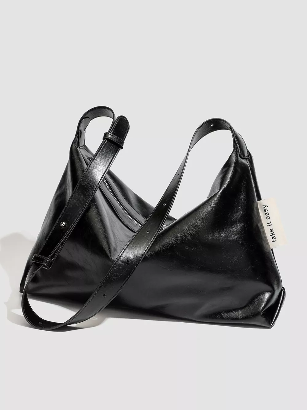 Minimalist Glossy Leather Slouchy Shoulder Bag, image 7