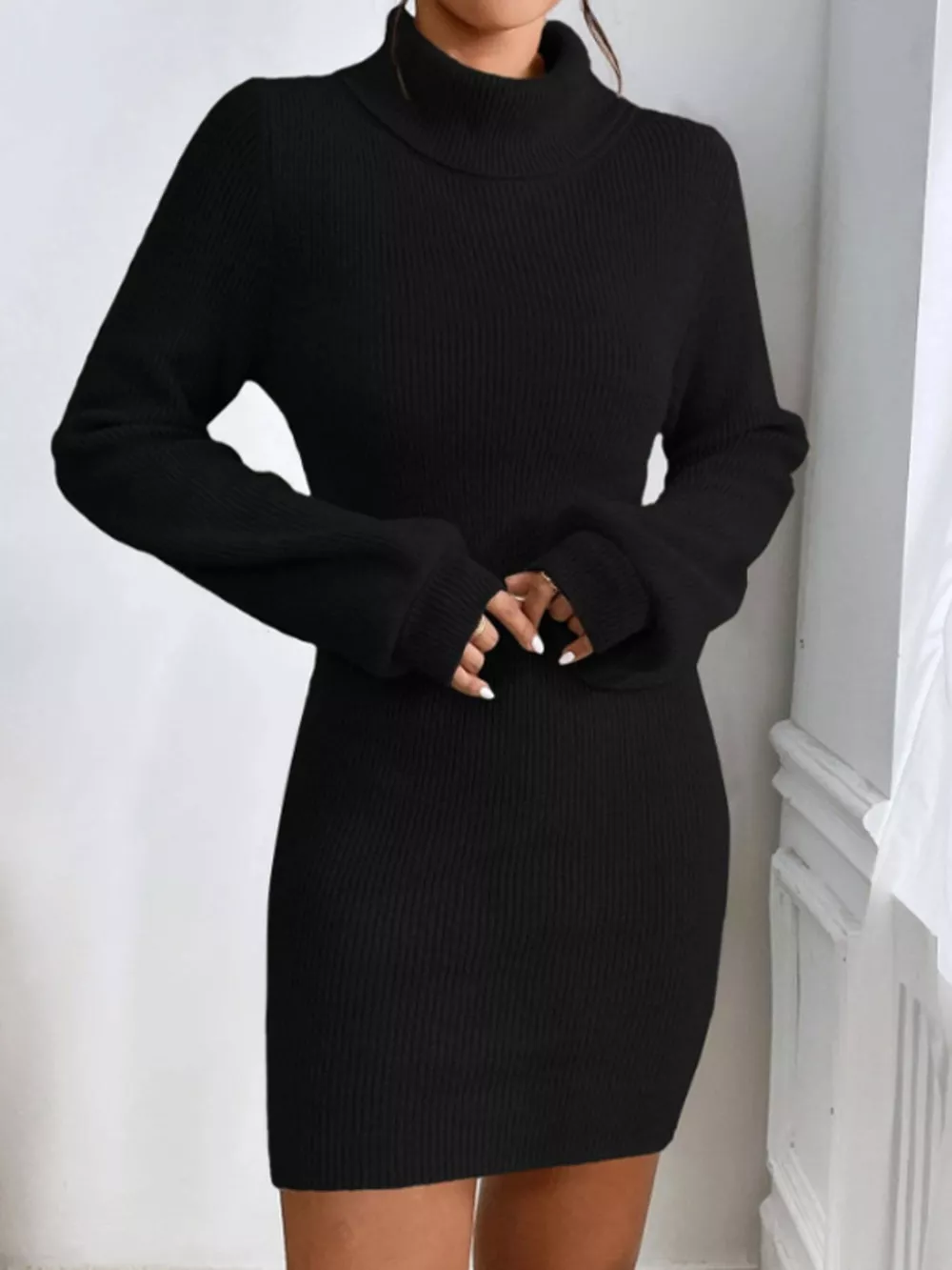 Turtleneck Ribbed Knit Sweater Dress, image 19