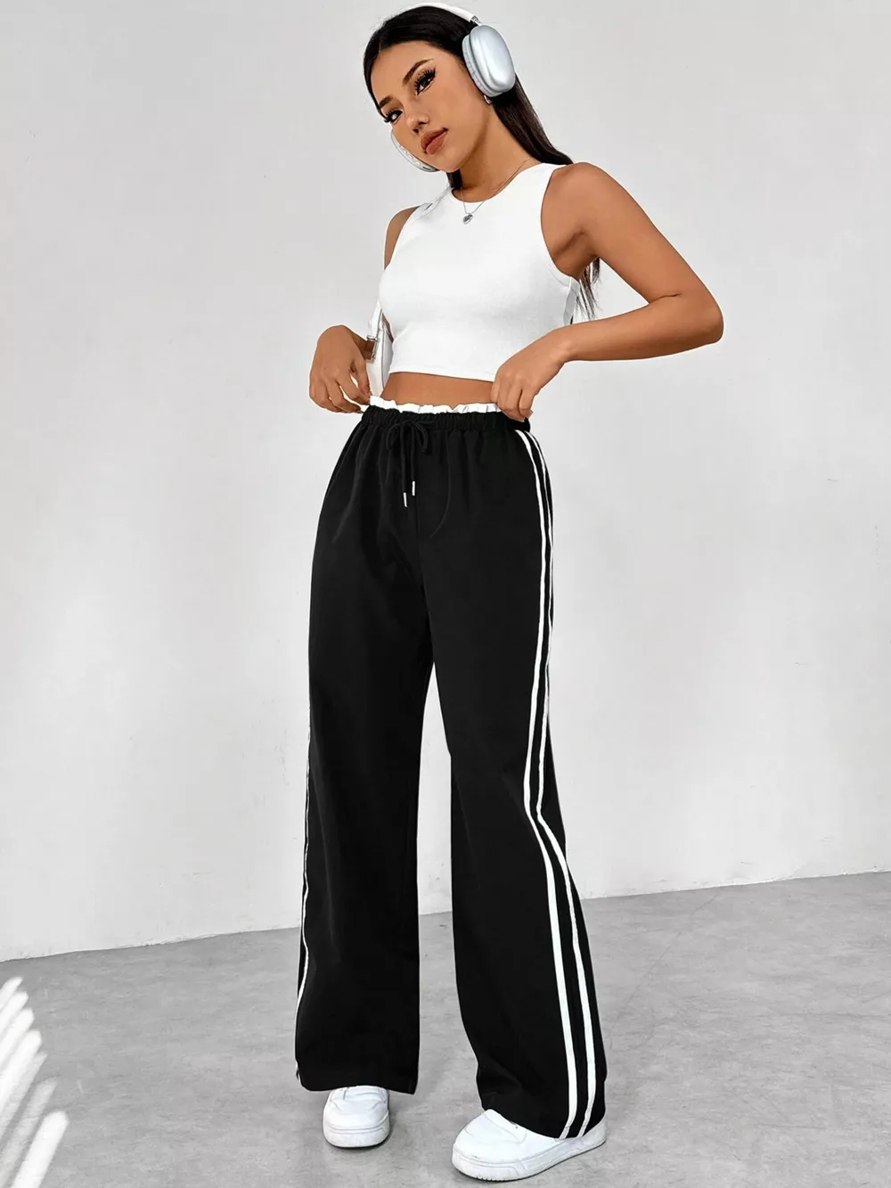 Striped Drawstring Waist Wide Leg Pants, image 5