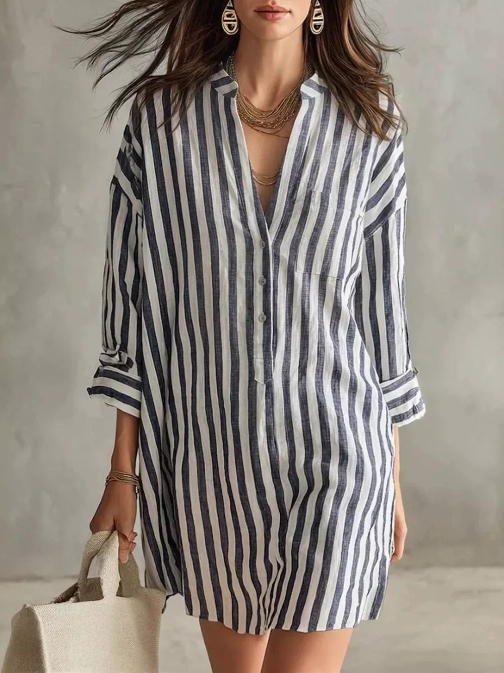 Full Size Striped Shirt Mini Dress Plus Size, image 4