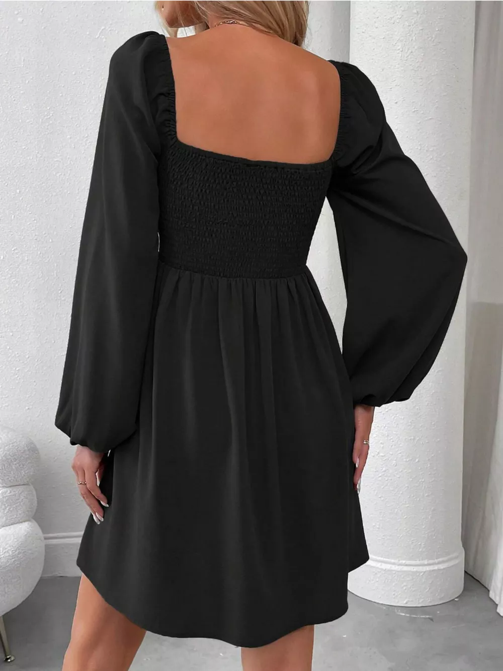 Ruched Square Neck Long Sleeve A-Line Dress, image 18