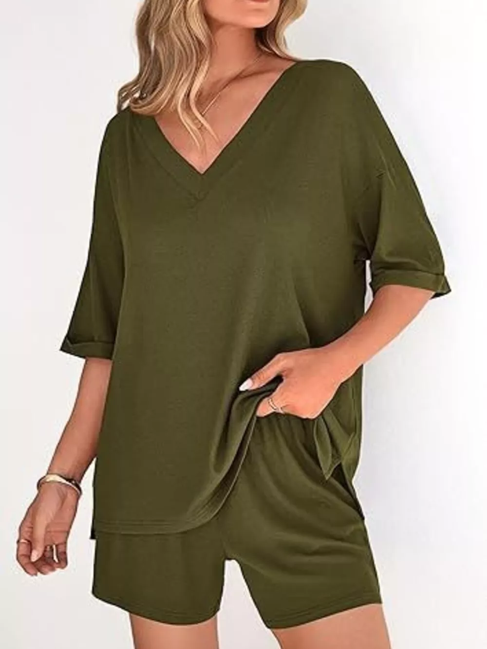 Solid Color V-Neck and Shorts Set, image 7