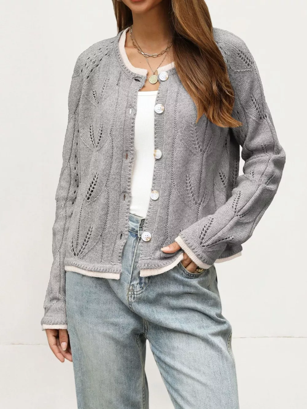 Hollow-Out Knit Button-Down Cardigan, image 8