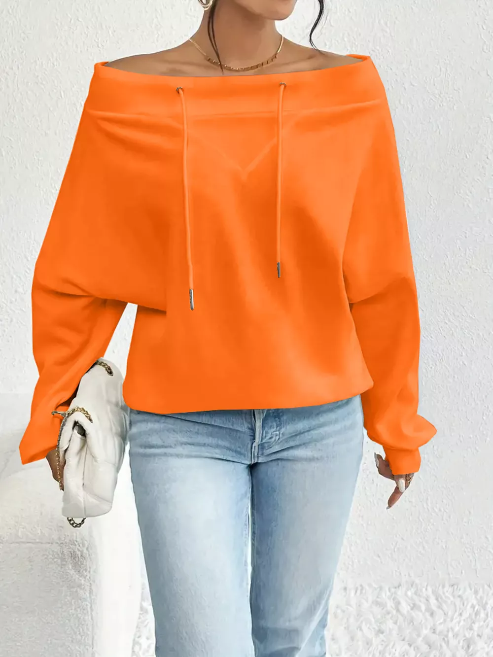 Full Size Off-Shoulder Drawstring Long Sleeve Top Plus Size, image 17