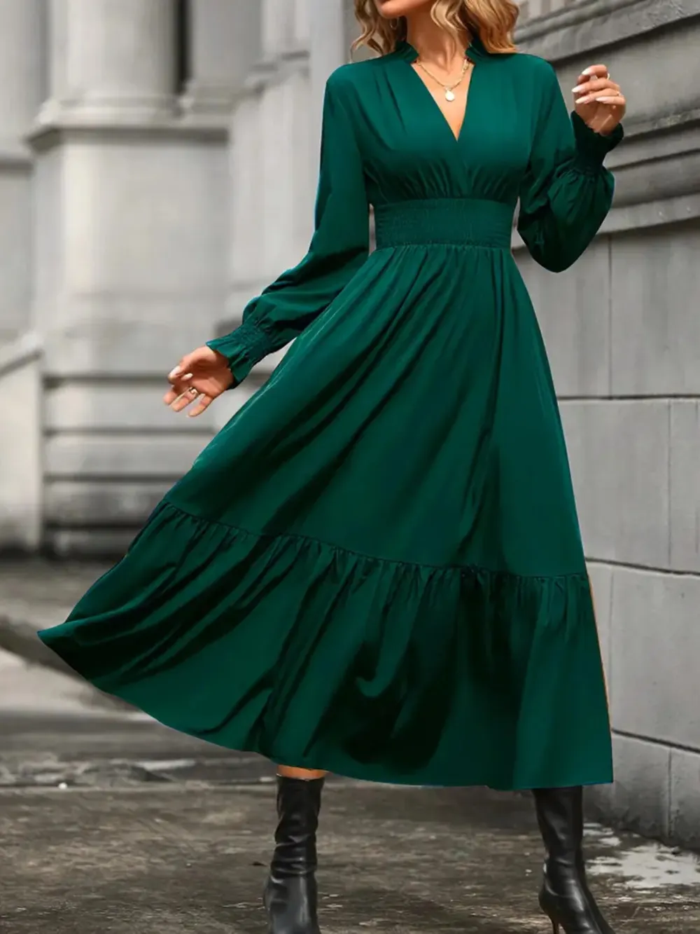 Notched Long Sleeve Tiered Dress, image 4