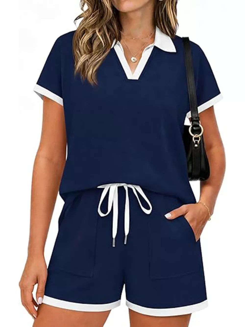 Polo Collar Short Sleeve Top and Shorts Set, image 2