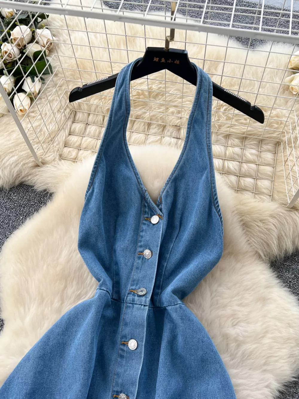 Halter Neck Button-Down Denim Dress, image 2
