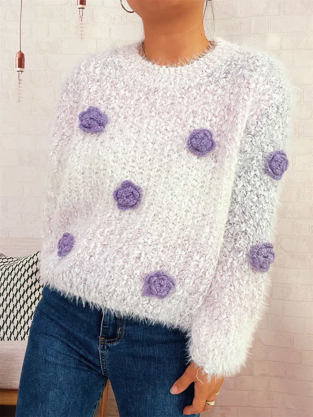 Flower Embellished Round Neck Sweater, image 9