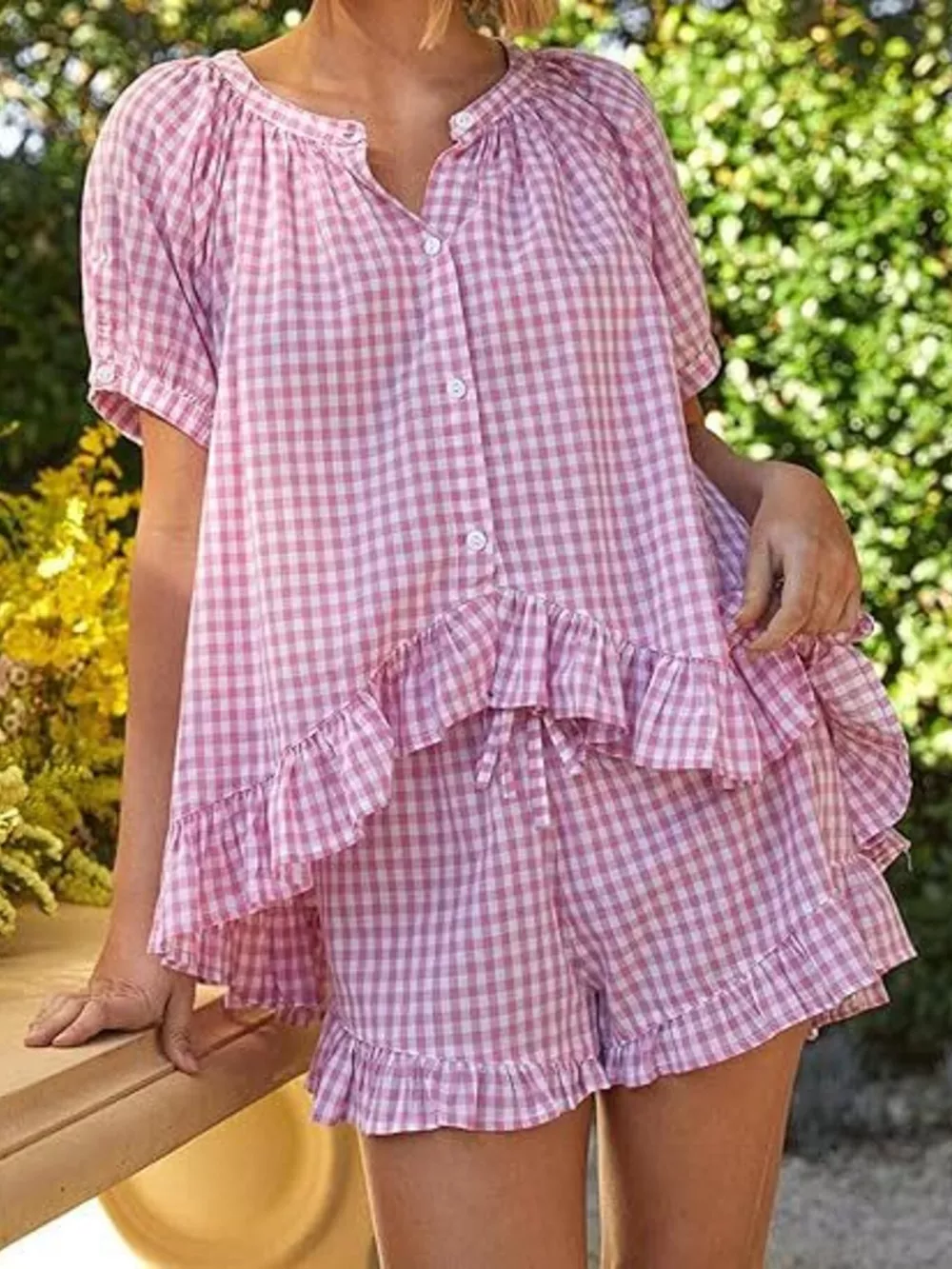 Gingham Ruffle Trim Top and Shorts Set, image 5