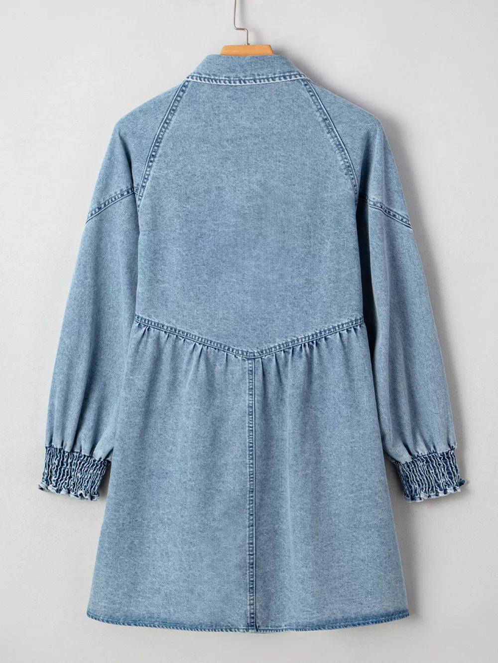 Smocked Cuffs Flared Denim Shirt Mini Dress, image 13