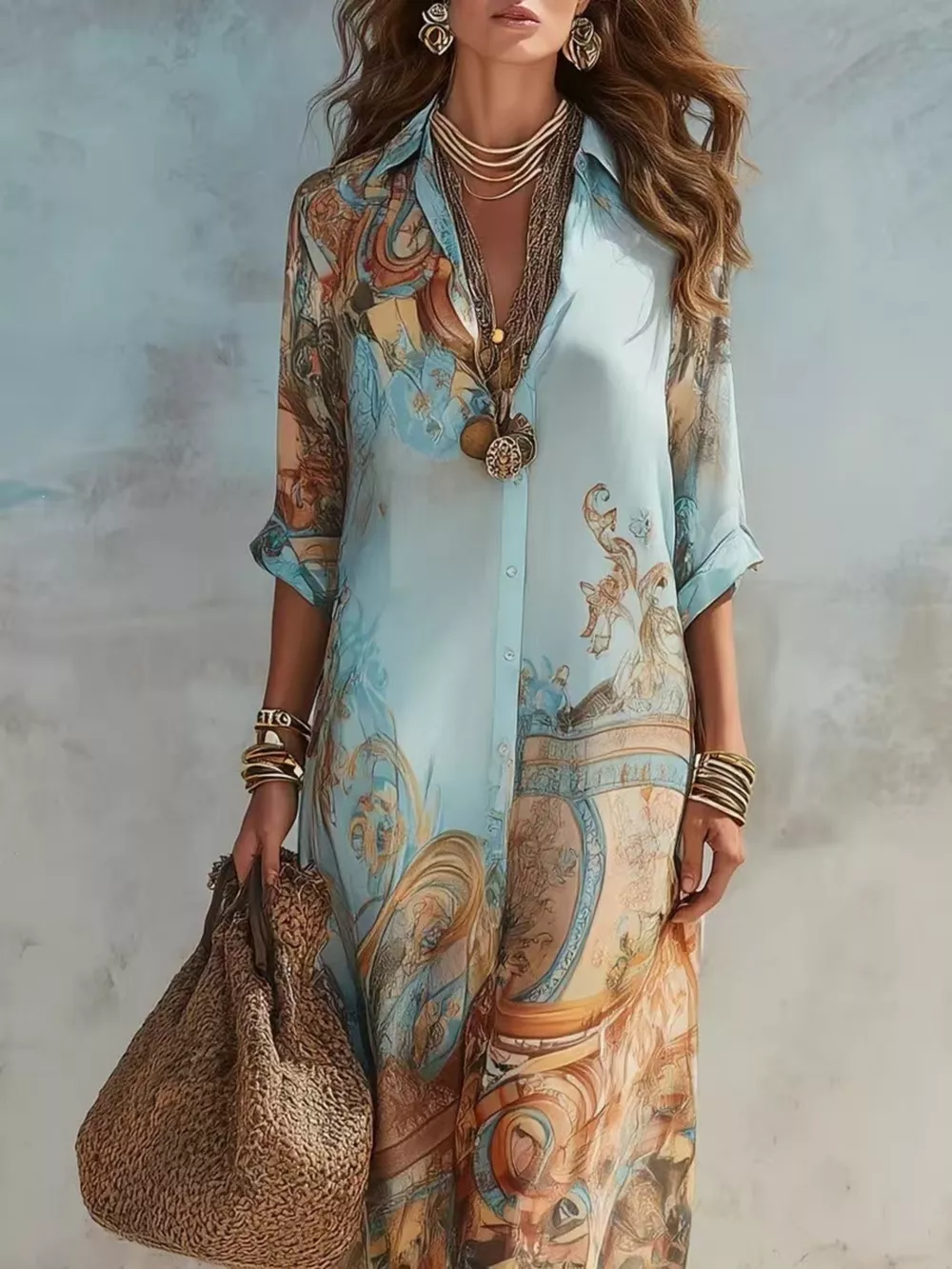 Full Size Printed Button Down Roll-Up Sleeve Shirt Maxi Dress Plus Size, image 4