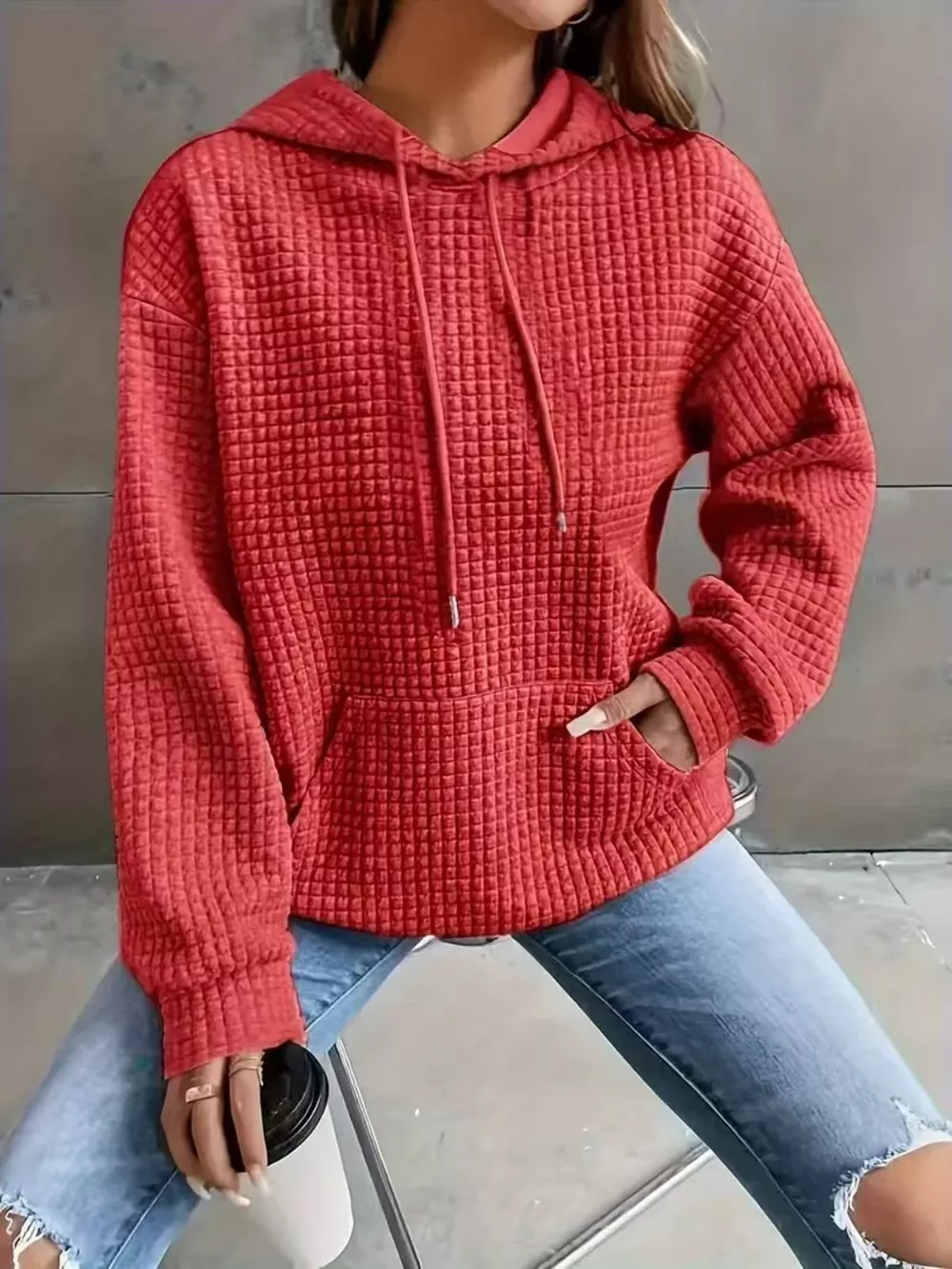 Textured Knit Drawstring Hoodie, image 16