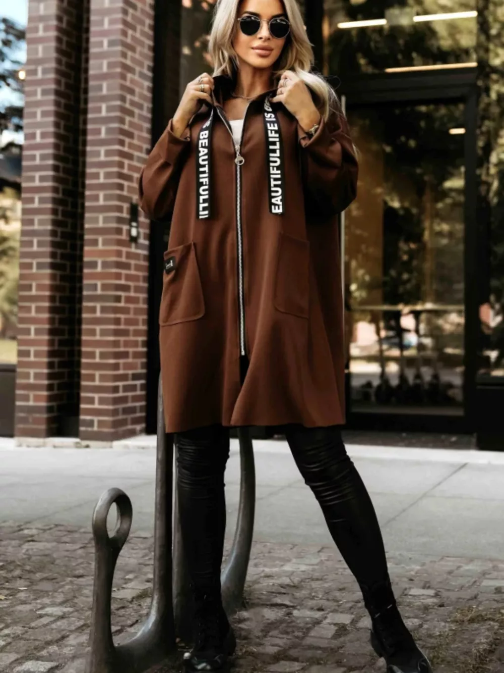 Full Size Casual Hooded Zip-Up Longline Outerwear Plus Size, image 3