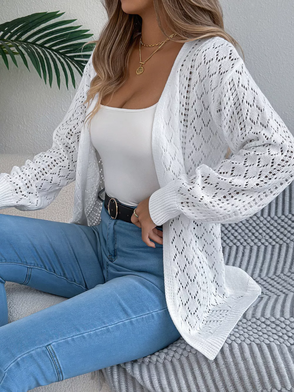 Openwork Open-Front Long Sleeve Cardigan, image 11