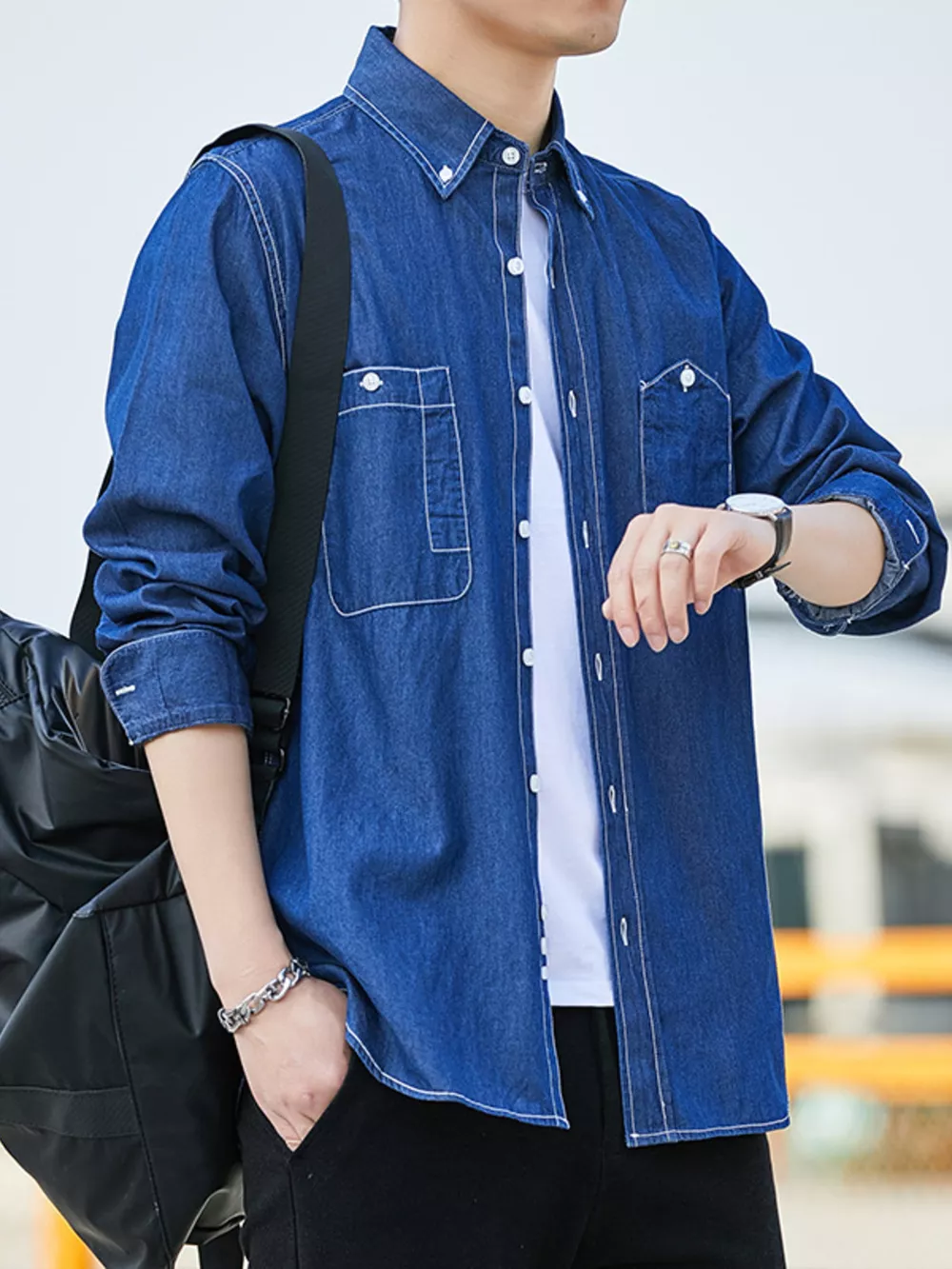 Men's Full Size Casual Long Sleeve Denim Shirt with Pockets Plus Size, image 2