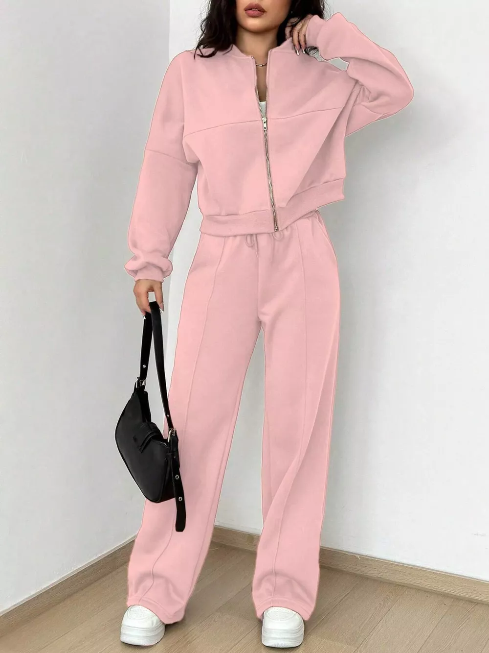 Casual Solid Color Zipper Jacket and Wide Leg Pants Set, image 8