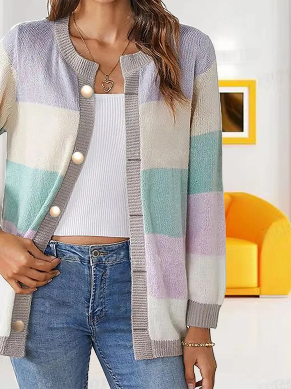 Color Block Button-Up Knit Cardigan, image 7