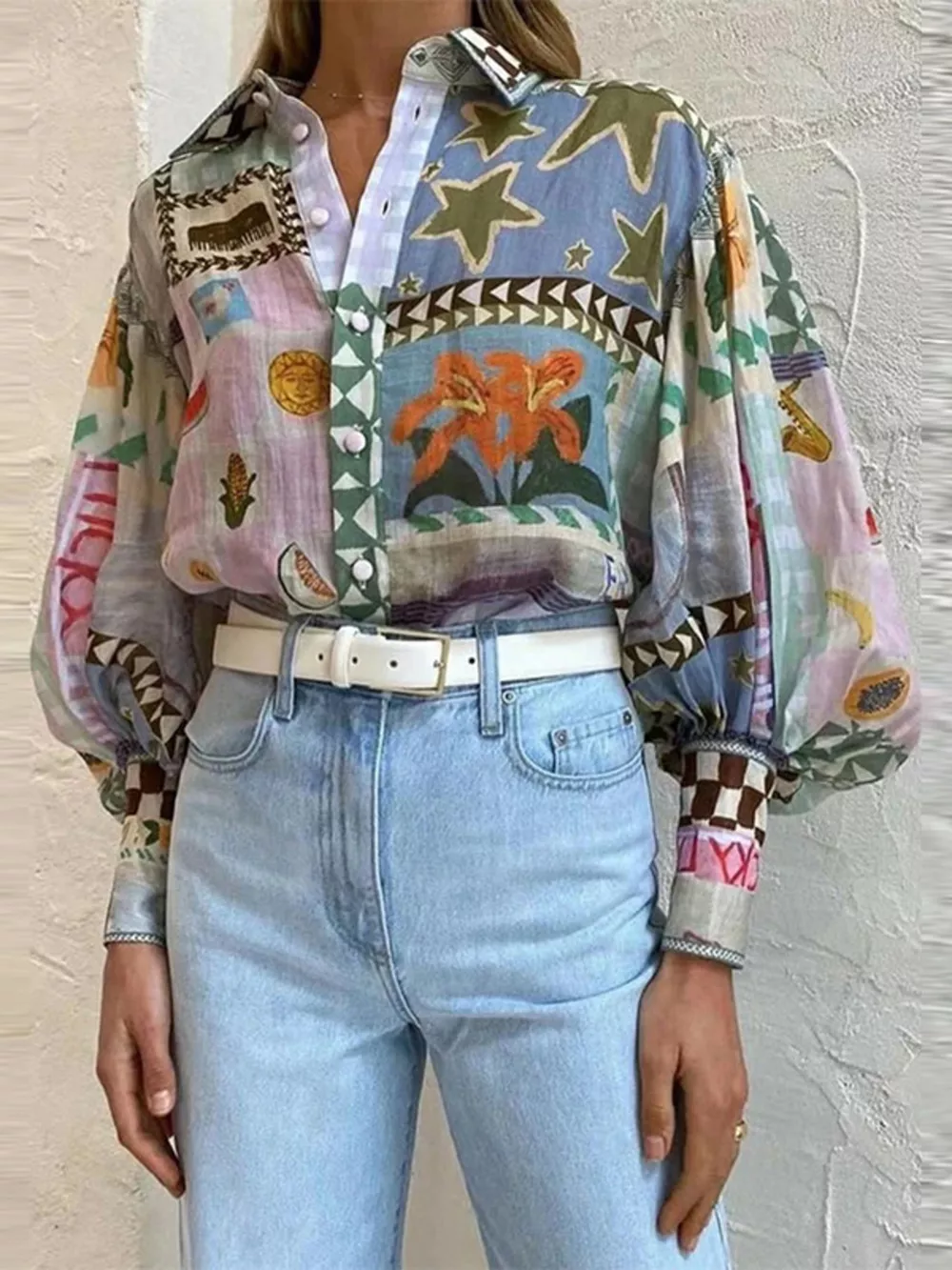 Full Size Printed Lantern Sleeve Button Up Shirt Plus Size, image 2