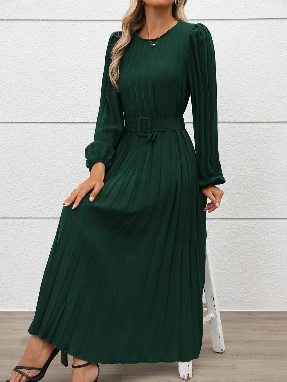 Pleated Round Neck Long Sleeve Dress, image 9